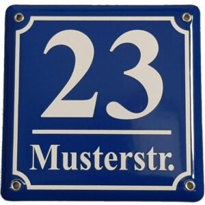 Hausnummernschild - Format 150 x 150 mm - Hausnummer - Emaille - Keramik - Wetterfest - Türschild. Farben: Blau Grün Anthrazit Dunkelblau Weiß. Zahl und Straßenname nach Wunsch. J.Pfaffenzeller