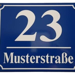 Hausnummernschild - Format 300 x 250 mm - Hausnummer - Emaille - Keramik - Wetterfest - Türschild. Farben: Blau Grün Anthrazit Dunkelblau Weiß Zahl und Straßenname nach Wunsch. J.Pfaffenzeller