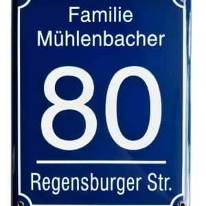 Hausnummernschild Format 200 x 250 mm - Hausnummer - Emaille - Keramik - Wetterfest - Türschild. Farben: Blau Grün Anthrazit Dunkelblau Weiß - Wunschtext. J.Pfaffenzeller