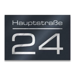 Metzler Hausnummer in Anthrazit - Hausnummernschild mit Gravur - Straßenname, Name und Wunsch-Nummer - Türschild in Anthrazit-Grau RAL 7016 - UV-beständig - Größe: 160 x 110 mm