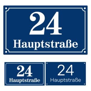 Sosenco Hausnummer 14x24 cm mit Wunschtext – Personalisiert mit dem Ort/Straßennamen und Nummer - Wetterfest Addressschild mit Gravur - Grafik- Größe- und Montageoptionen zur Auswahl (Blau)