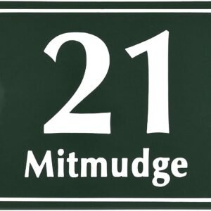 Sosenco Hausnummerschild Hausnummer mit Straßenname - 20x15 cm - Keramik Emaille - Wetterfest - Personalisiert - Grün