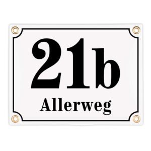 Sosenco Hausnummerschild Hausnummer mit Straßenname - 20x15 cm - Keramik Emaille - Wetterfest - Personalisiert (Weiß)