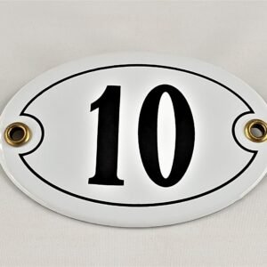 Emaille Hausnummer Schild Nr. 10, oval, Weiß-Schwarz "Handarbeit"