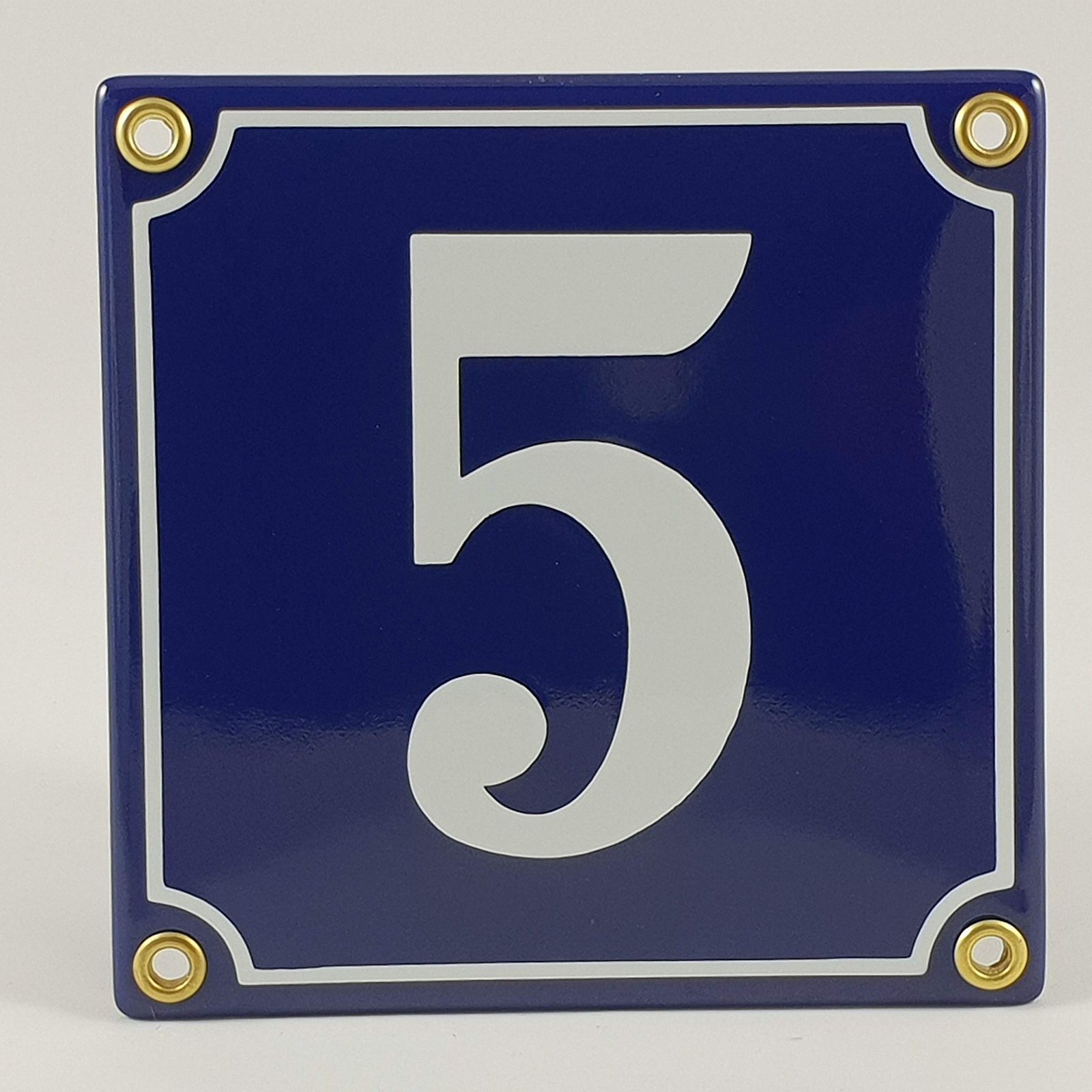 Emaille Schild Hausnummer 5 Blau-Weiß "Handarbeit"
