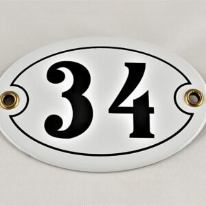 Emaille Hausnummer Schild Nr. 34, oval, Weiß-Schwarz "Handarbeit"