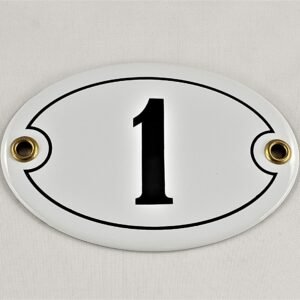 Emaille Hausnummer Schild Nr. 1, oval, Weiß-Schwarz "Handarbeit"