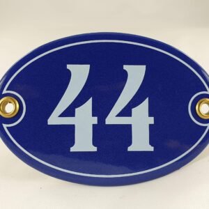 Emaille Hausnummer Schild Nr. 44, oval, Blau-Weiß "Handarbeit"