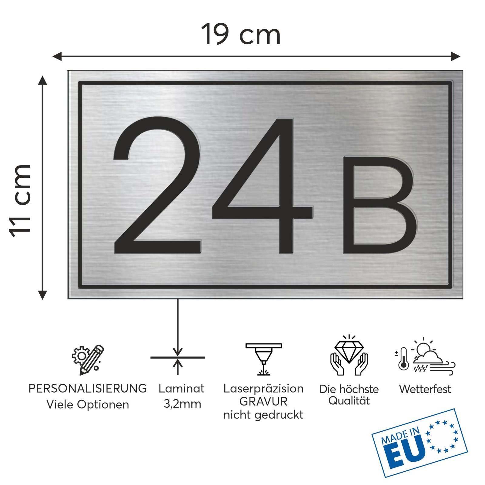 Sosenco Hausnummer 11x19 cm mit Wunschtext – Personalisiert mit Nummer - Wetterfest Addressschild mit Gravur - Größe, Grafik- und Montageoptionen zur Auswahl (Silber) - Image 2