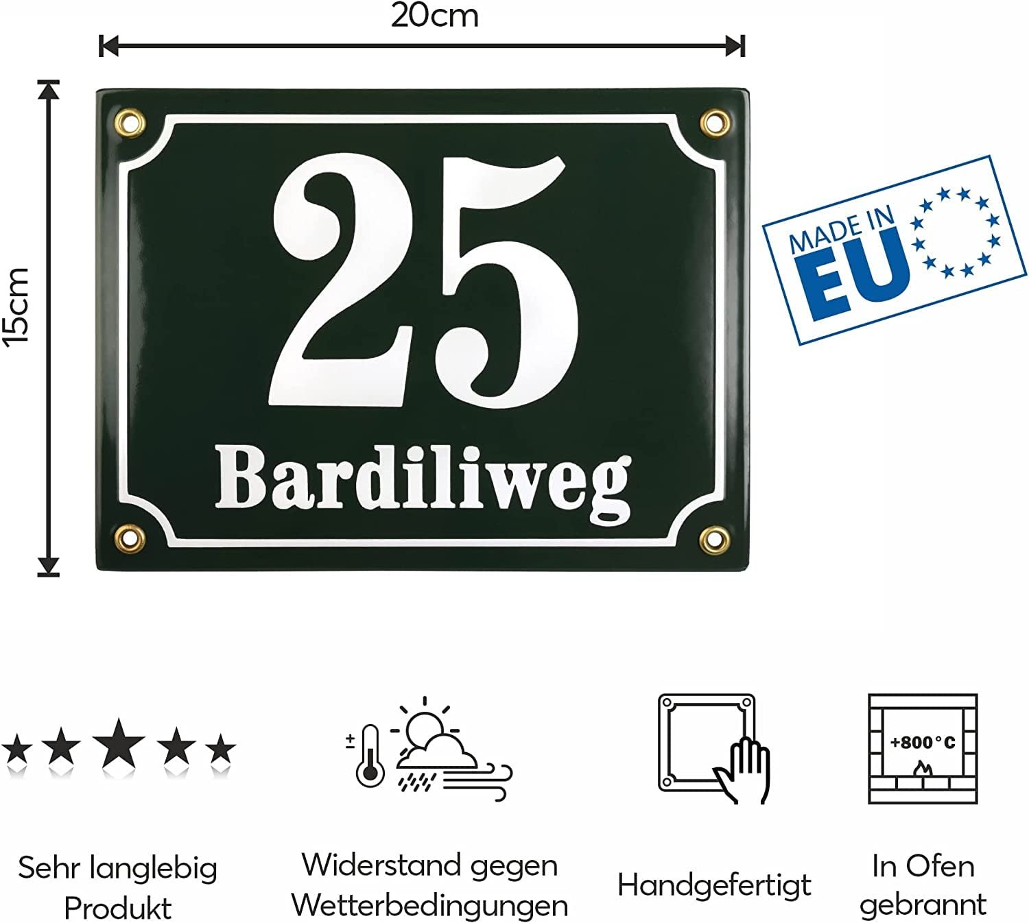 Sosenco Hausnummerschild Hausnummer mit Straßenname - 20x15 cm - Keramik Emaille - Wetterfest - Personalisiert - Grün - Image 4